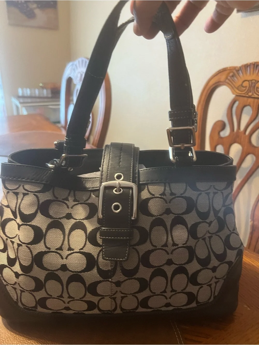 Coach Black and gray Signature Canvas Tote with Buckle Strap!